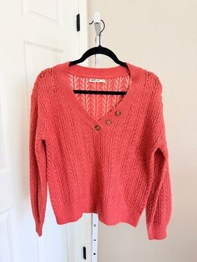 Marine Layer Evelyn Pointelle Knit V-Neck Button Sweater Mineral Red Size XS